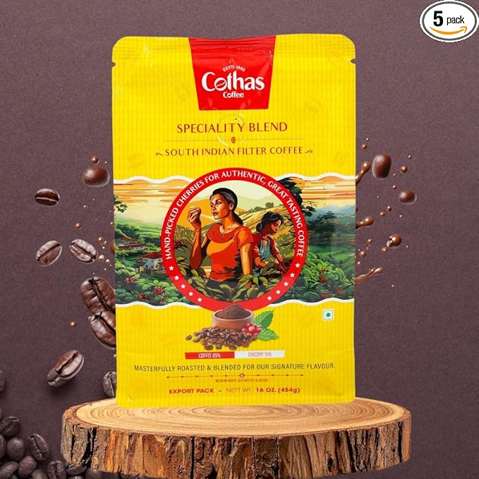 Cothas Traditional Speciality Blend Filter Coffee Powder - Pack of 5 Each Pkt 1 Lb [ Coffee : 85% Chicory : 15%. ]