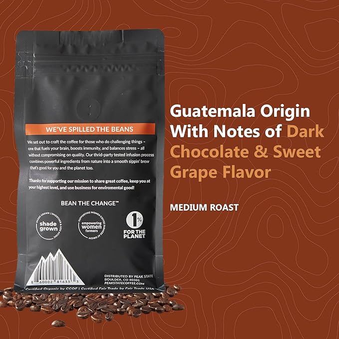 Peak State Coffee with Benefits 3 Bag Variety Pack – Mushroom Coffee Low Acid &amp Smooth Immunity Boost Brain Sustain &amp Stress Less Organic Whole Bean Gluten Free 12 oz. Each