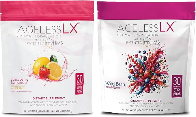 Powder Supplement for Women - with HMB Collagen Enhancer Plus Vitamin D3 K2 Horsetail + Biotin for Lean Muscle and Stronger Hair + Nails - 30 Powder Packets Strawberry Lemonade and Wildberry Bundle
