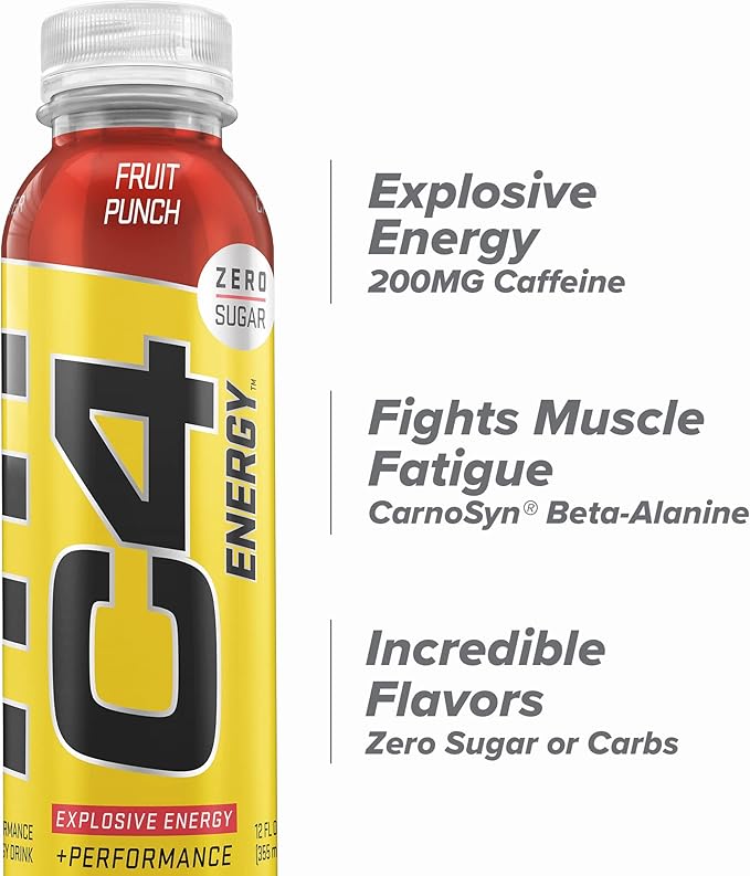 Cellucor C4 Energy Non-Carbonated Zero Sugar Energy Drink Pre Workout Drink + Beta Alanine - Fruit Punch - 12 FL OZ (355 ml) - Pack of 12