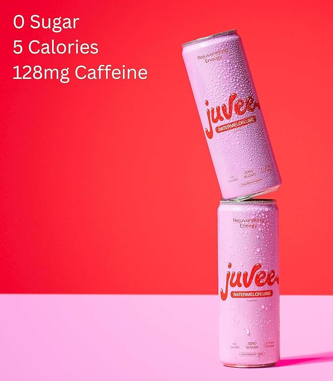 Watermelon Lime &amp Blue Raspberry Juvee Rejuvenating Energy Drink – 12 oz Cans 12-Pack Each – Sugar Free 127–128mg Natural Caffeine per Can Zero Sugar Low Calorie Clean Energy &amp Mental Foc