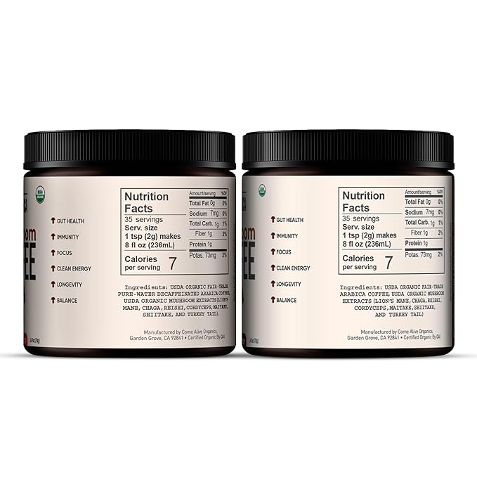 La Republica Organic Instant Mushroom Coffee (2.5oz) + Decaf (2.5oz) - 70 Servings with Coasters &amp Mixing Spoon - 100% Arabica with Lion's Mane Reishi Chaga Cordyceps Shiitake Maitake Turkey