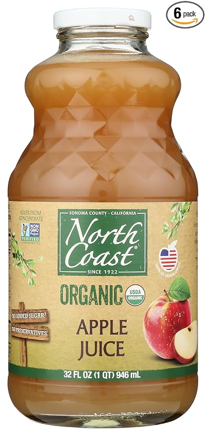 North Coast Organic Apple Juice No Added Colors or Preservatives No Added Sugar Kosher USDA Certified Organic Gluten Free &amp Non-GMO 32 Fluid Ounce (Pack of 6)