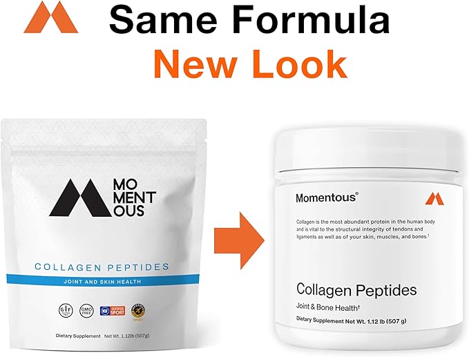 Momentous Grass-Fed Collagen Peptides Powder - Collagen Protein Powder with Fortigel &amp Vitamin C for Hair Skin Nails &amp Joint Health Support - NSF Certified for Sport - Packaging May Vary