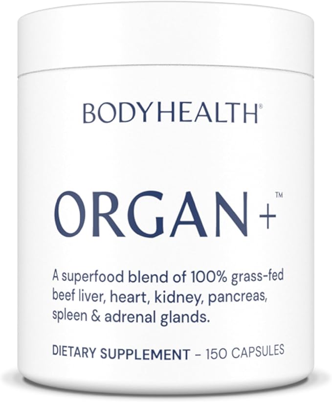 BodyHealth Organ+ Grass-Fed Glandular Organ Complex Grassfed Beef Organ Supplement Dessicated Beef Liver Heart Kidney Pancreas Spleen Non GMO Adrenal Supplement (150 Capsules)