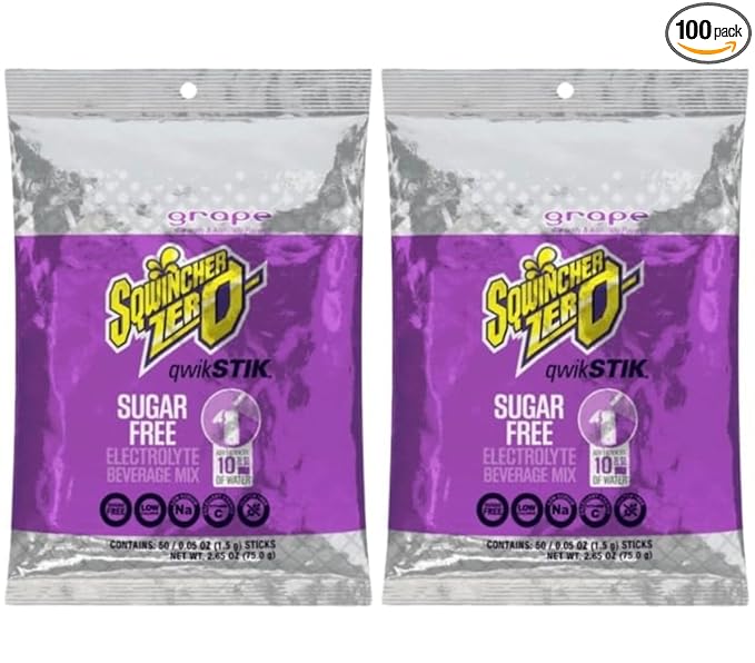 Sqwiincher Zero Qwik Stik Electrolyte Powder Hydration Drink Mix Multi Flavors - 0.05 0z Packet - (100 Pack Grape)