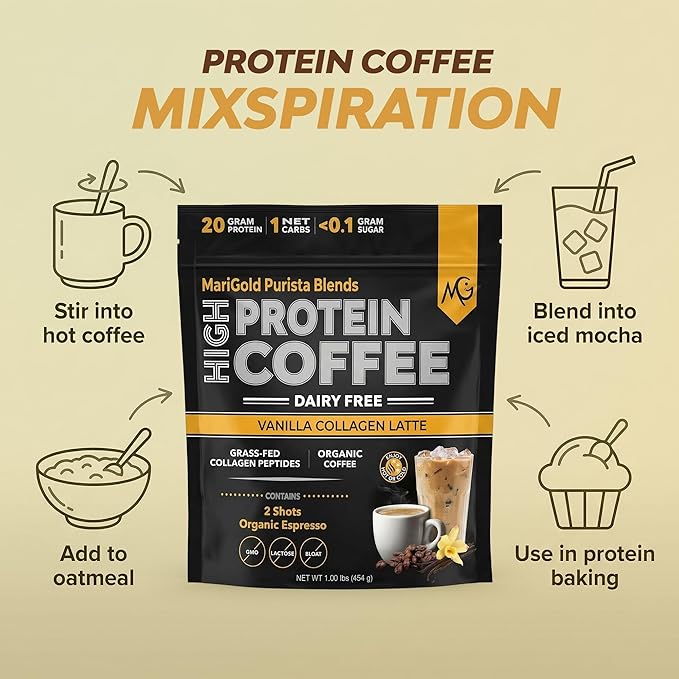 MariGold High Protein Collagen Coffee - Vanilla Collagen Latte Dairy Free 20g Grass-Fed Type I &amp III Collagen Peptides Energy Boost 2 Shots Organic Espresso Non-GMO 1 Lb Bag 15 Servings