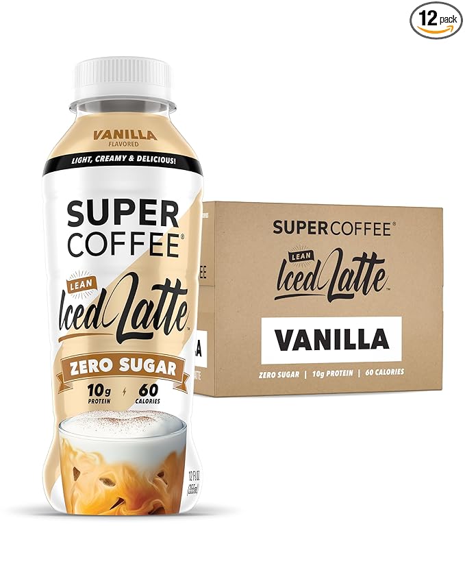 Super Coffee Ready To Drink Iced Coffee Vanilla Latte (12 Ounce Bottles Pack of 12) - Low Net Carbs No Added Sugar Keto Friendly 10g of Protein Low Calorie Protein Coffee