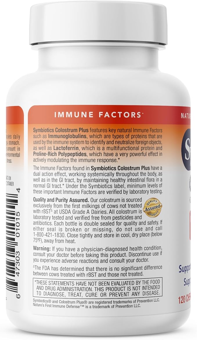 Symbiotics Naturade Colostrum Chewable Tablets Immune &amp Digestive Support with Lactoferrin Gluten Free Low Sugar Easy Daily Wellness Nutrition (120 Count - Orange Cream)