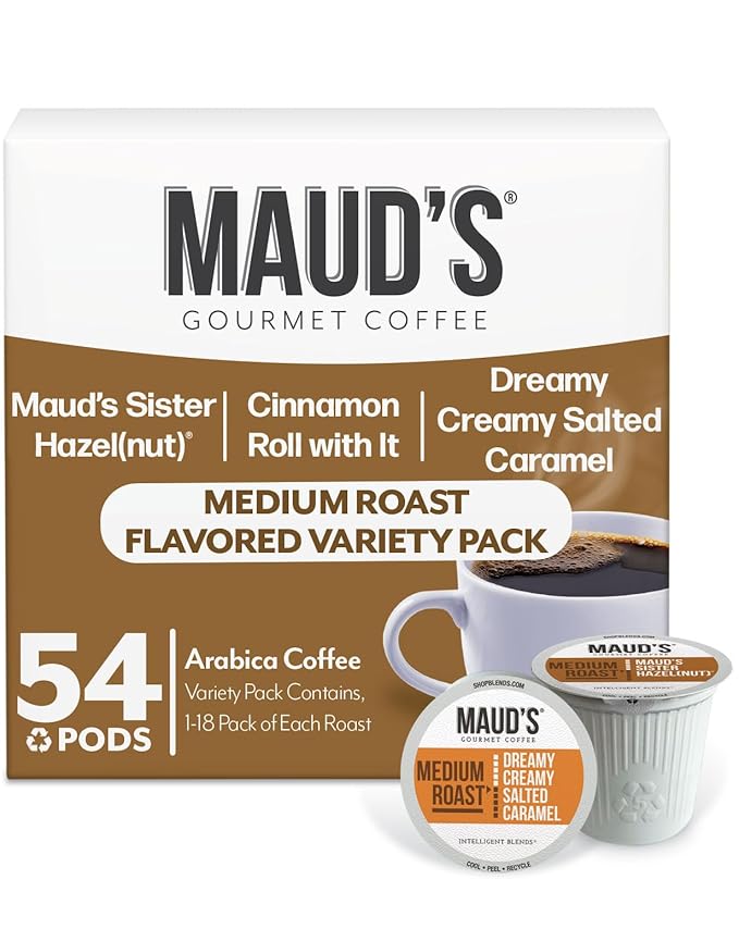 Maud's Salted Caramel Sweet Hazelnut &amp Cinnamon Roll Flavored Pods Bundle 54 ct Medium Roast Flavored Coffee in Single Serve Pods – 100% Arabica Coffee Compatible with Keurig K Cups Maker