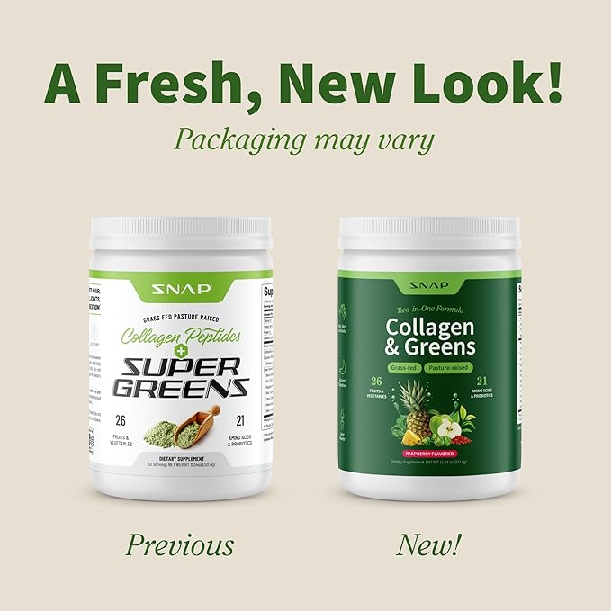 Snap Supplements Super Greens Powder with Collagen Peptides 26 Fruits and Vegetables Grass Fed Non-GMO Daily Greens for Hair Skin Nails &amp Joint Support 11.34 oz (30 Servings 1 Month Supply