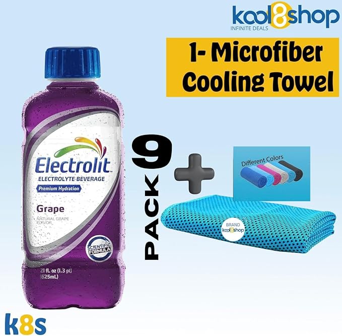 Electrolit Grape Hydration Drink With Electrolytes 21 fl oz Plastic Bottles 9 Pack + 1 Microfiber Cooling Towel by KOOL8SHOP Infinite Deals
