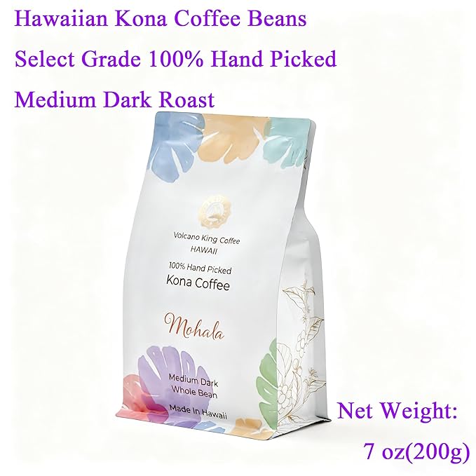 Hawaiian Kona Coffee Beans 100% Kona Coffee Select Grade Medium Dark Roast Whole Bean Direct from Farm Ideal for Espresso Drip or French Press(Mohala 7 oz)