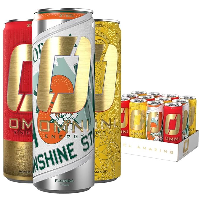 OMNI Energy Drink Variety Pack (Brassberry Florida Kesar Mango) 12oz (Pack of 12) | Clean Caffeine B Vitamins | Sugar Free Low Calorie Energy Drink for All-Day Vitality.