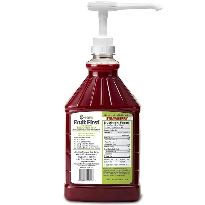 DrinkFit Fruit Smoothie | Real Fruit Puree Low Sugar Gluten:Free &amp Non:GMO Strawberry Smoothie Mix : Makes 32 Smoothies 64 Fl Oz with Dispensing Pump (Strawberry)