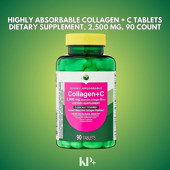 KP+ Collagen | Collagen + C 2500 mg | 90 Tablets | Supports Hair Skin &amp Nail Health | Bioactive Collagen Peptides + Vitamin C Supplement | Pack of 2