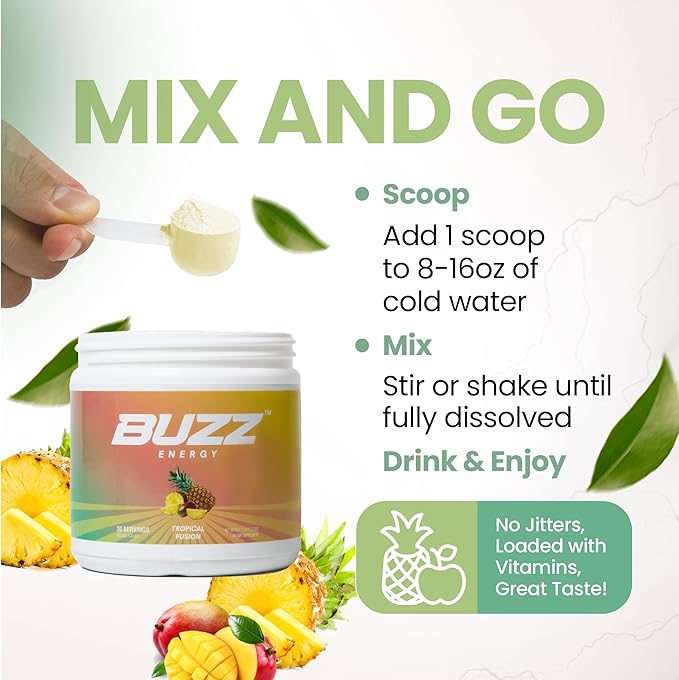 Energy Drink Powder - Energy Boost Drink Mix - Sugar-Free Energy with Antioxidants - Morning Kickstart and Sports Nutrition Endurance Product - 30 Servings 8 Ounces (Tropical Fusion)