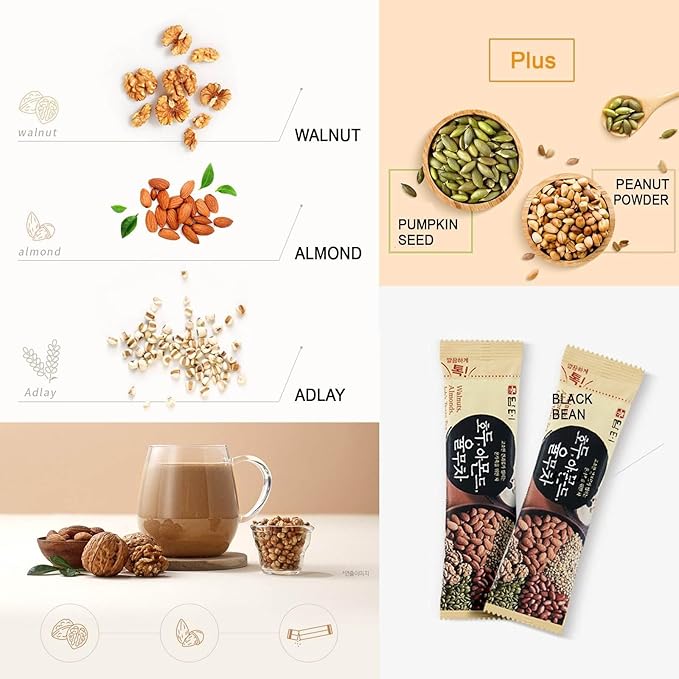 Damtuh Korean Grain Drink Mix Bundle – 15-Grain Misugaru Powder + Walnut Almond Adlay Tea (Job’s Tears/Yulmu) Powder Latte-Style Drink Caffeine-Free 18g x 50 / 20g x 40 Stick Packs