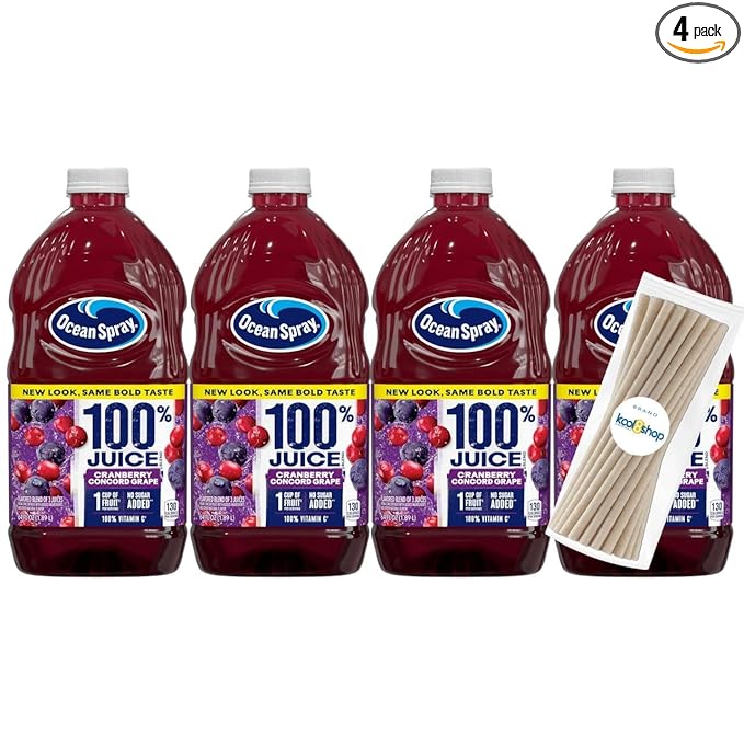 Ocean Spray 100% Cranberry Concord Grape Fruit Juice No Added Sugar 64 fl oz 4 Pack + 15 Sugarcane Disposable Straws by KOOL8SHOP Infinite Deals