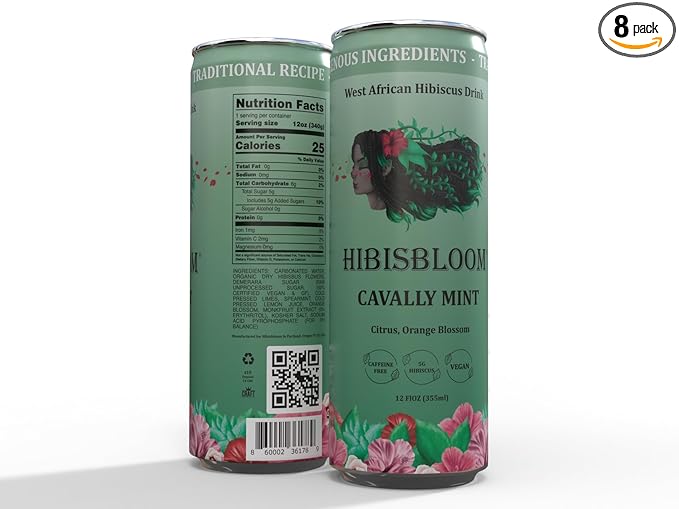 Hibisbloom Cavally Mint Organic Red Hibiscus Spearmint Lemon Lime Orange Blossom 8-Pack x 12oz Cans - 25 Calories. Slow Brew from Scratch 5000mg Hibiscus.