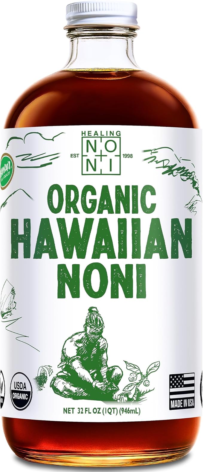 Healing Noni - 100% Pure Noni Juice - USDA Organic Full Strength Wellness Drink Hawaiian-Grown Superfood - (32oz 1 Pack)