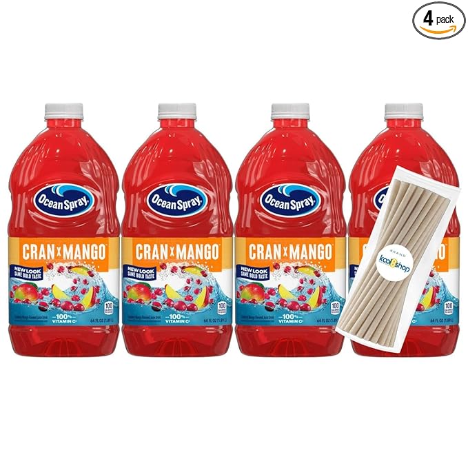 Ocean Spray Cran Mango Fruit Juice Drink 64 fl oz Plastic Bottle 4 Pack + 15 Sugarcane Disposable Straws by KOOL8SHOP Infinite Deals