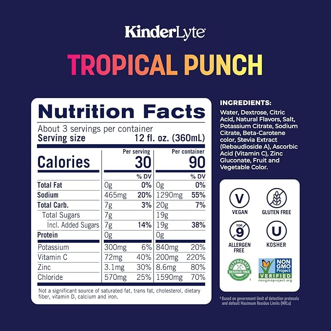 KinderLyte Electrolyte Solution for Kids and Adults - Hydration Drink Tropical Punch (33.8 fl oz 6 Pack) No Artificial Sweeteners or Flavors No Synthetic Dyes Vegan Non-GMO Gluten-Free