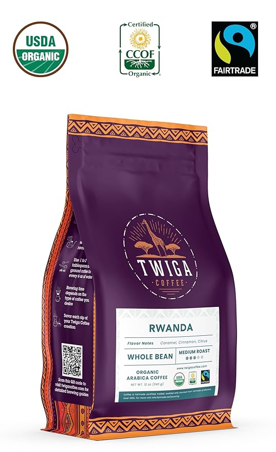 Twiga Coffee Rwandan Whole Bean – Organic Medium Roast Arabica with Caramel Cinnamon &amp Citrus Flavor Notes – Single Origin Fresh Roasted Rwandan Coffee for a Smooth Bold Cup – 12 oz