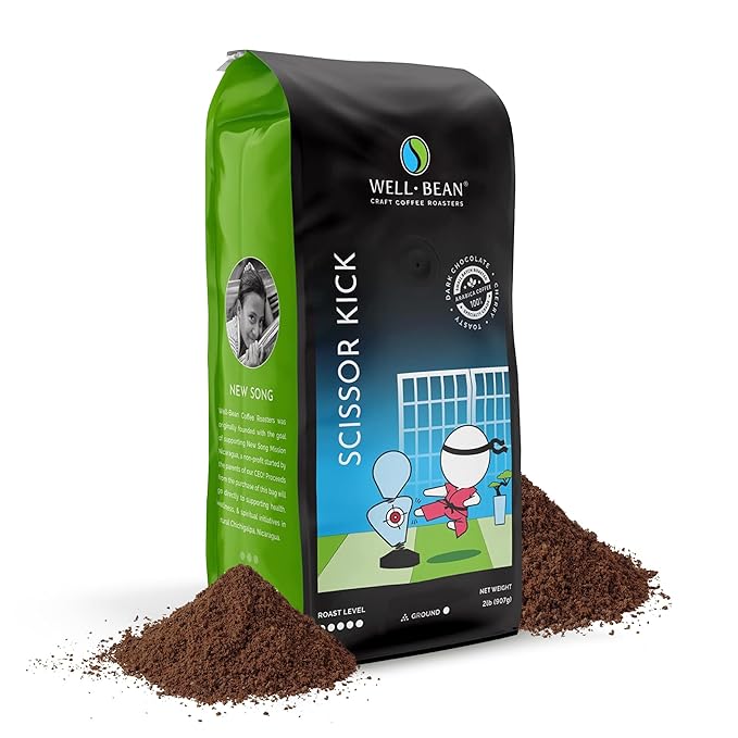 Well-Bean Coffee - Scissor Kick Blend Ground Coffee Gluten-Free Keto Coffee Papua New Guinea Brazilian and Sumatra Coffee Dark Roasted Coffee 2 lb