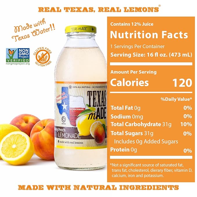 Texas mADE Fredericksburg Peach Lemonade Lemonade Made with Pure Cane Sugar and Peach Flavor No Preservatives Texas Crafted Lemonade 16 fl oz Pack of 12