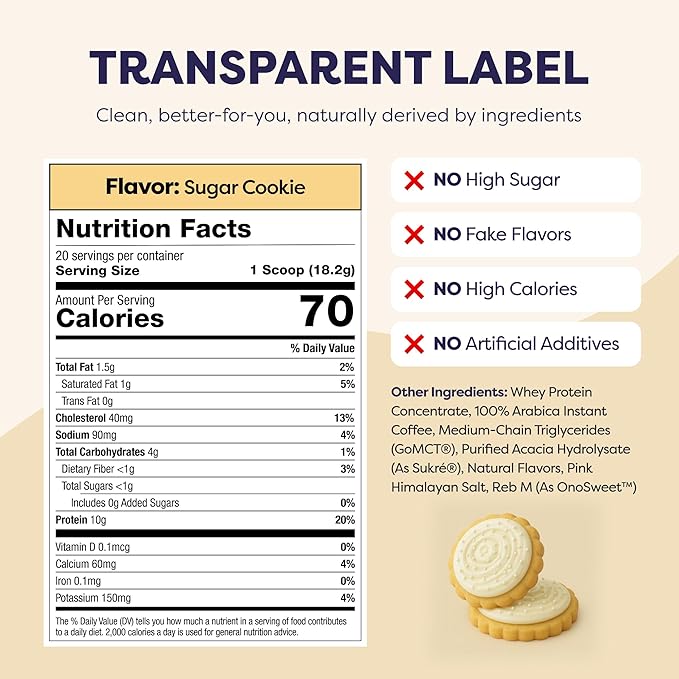 Sugar Cookie Protein Iced Coffee - Premium Whey Protein &amp Instant Iced Coffees - 100% Natural Cold Brew - Zero Artificial Flavors &amp Sweeteners 80 mg Caffeine No Added Sugar 20 Servings