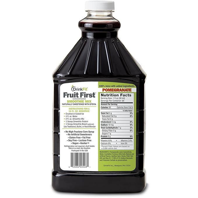 DrinkFit Fruit Smoothie | Real Fruit Puree Low Sugar Gluten:Free &amp Non:GMO Pomegranate Smoothie Mix : Makes 32 Smoothies 64 Fl Oz (Pomegranate)
