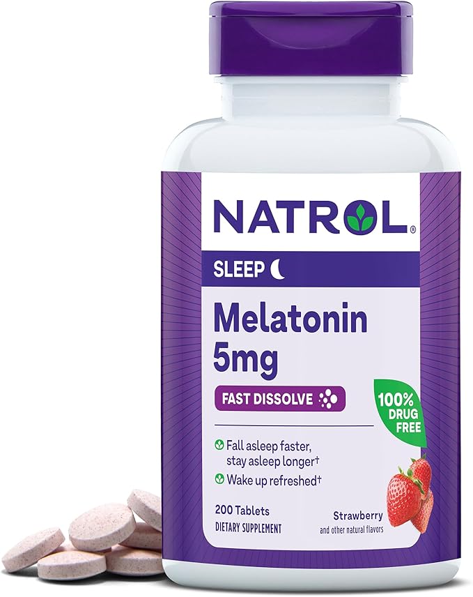 Natrol Melatonin 10mg 200 Tablets &amp 5mg 200 Tablets Strawberry-Flavored Fast-Dissolve Sleep Support Dietary Supplement Bundle