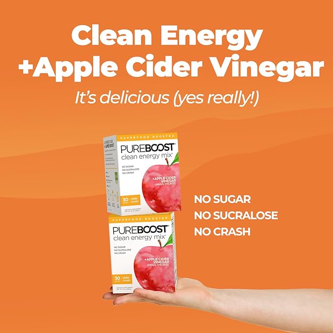 Pureboost Superfoods Clean Energy Booster with Apple Cider Vinegar. Refreshing Energy Drink Mix with 1000 mg of ACV with The Mother. Sugar-Free No Sucralose (Cider Crush 30 Count)