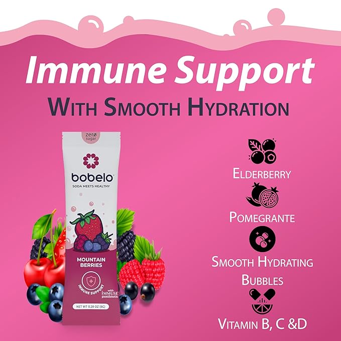 Bobelo Smooth Hydrating Bubbles - Hydration Powder with Balanced Electrolyte - Sugar Free Powdered Drink Mix - Vitamin C &amp D Low Calories Keto Friendly - Mountain Berries - 15 Counts