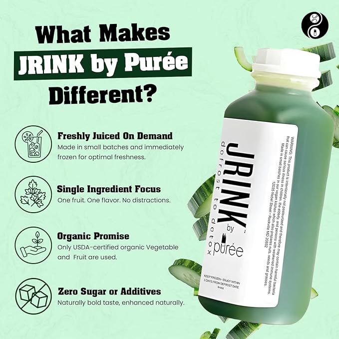 JRINK by Purée Organic Cucumber Juice Cold Pressed Detox Drink Healthy Cleanse with No Preservatives Fresh Raw Juice in HDPE Bottles Organic Fruit and Vegetable Cleanse Beverage 16oz Pack of 24