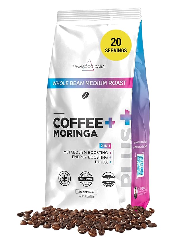 Livingood Daily Coffee with Moringa Whole Bean Medium Roast Coffee with Plant Based Ingredients for Morning Energy Made with Moringa Powder Organic Non GMO Vegan Gluten Free 20 Srvgs 12 oz Bag
