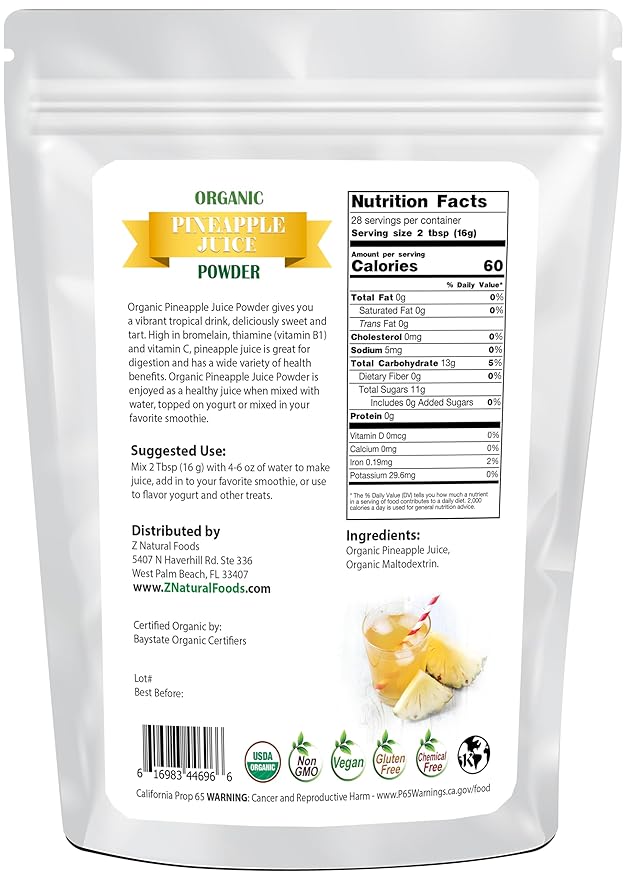 Z Natural Foods Organic Pineapple Juice Powder Tropical Fruit Juice Superfood Powder Mix in Smoothies Shakes Tea Cooking and Baking Recipes Non GMO Gluten Free Vegan Kosher 1 lb