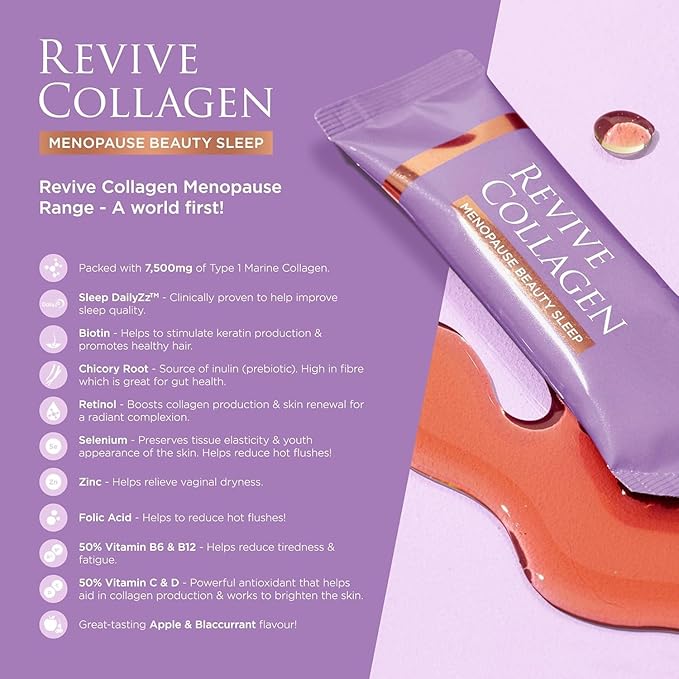 Revive Collagen Menopause Beauty Sleep — Hydrolyzed Marine Collagen Drink for Women 7500MG Zinc Chicory Root Fiber Vitamin D &amp K Supports Sleep Quality Apple &amp Blackcurrant Flavour — 28