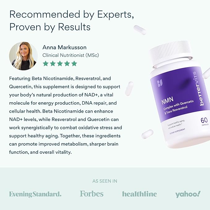 Bettervits NMN Supplement with Quercetin Powder| NAD+ Resveratrol Support Formula for Cells Regeneration Energy and Anti-Aging Support | NAD Supplements for Women &amp Men - 60 Capsules