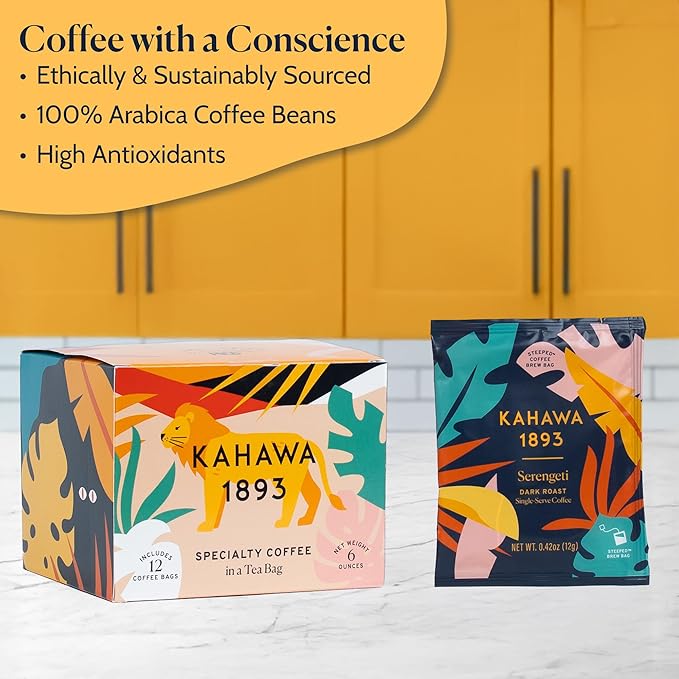 Kahawa 1893 Coffee Tea Bags Dark Roast Serengeti Blend 12 Single Serve Packs - As Seen on Shark Tank Low Acid High Antioxidants Naturally Sweet Organically Grown Ethically &amp Sustainably Sourc