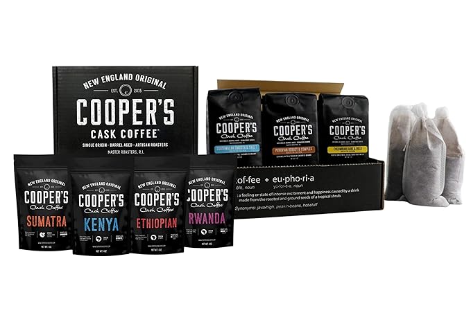 Gourmet Coffee Sampler Gift Box Set - Whole Bean Coffee - 4 Bags 1Lb Total and Cold Brew Coffee Box Set - Colombian Peruvian Guatemalan Ground Coarse for Cold Brew - 6 Filter Bags Included - 1.5 lbs