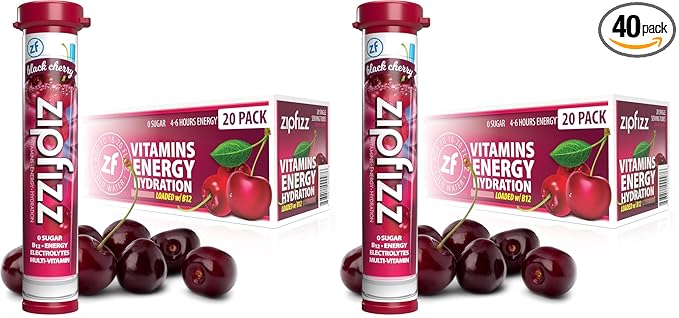 Zipfizz Energy Drink Mix Electrolyte Hydration Powder with B12 and Multi Vitamin Black Cherry 20 Count (Pack of 2)