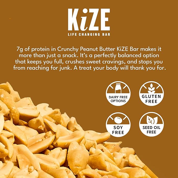 KiZE Energy Bars - Crunchy Peanut Butter - 20-Count - Gluten Free Dairy Free Non-GMO and High Protein Meal Replacement Energy Bars Clean and Simple Food Ingredients - 7g High Protein Snacks (20 Co