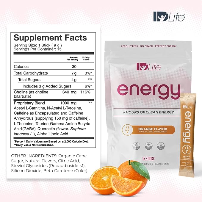 IDLife - Orange Energy Drink Powder - Sustained Energy Boost for Work Gym and Daily Use - 6-Hour Boost No Jitters or Crash - 15 Sticks Per Bag
