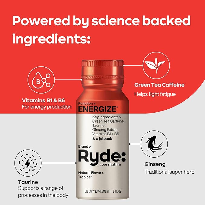 Ryde: Discovery Pack | Energize Focus &amp Relax Shots | Green Tea Caffeine Taurine Ginseng B Vitamins L-Theanine Lemon Balm Chamomile | 0 Calories 0 Sugar | Variety Pack – Try Them All (24 P