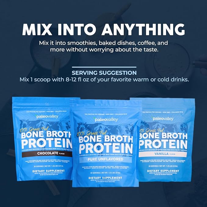 Paleovalley 100% Grass Fed Beef Bone Broth Protein Powder - Rich in Collagen Peptides for Hair Skin Gut Health Bone and Joint Support - 13g Protein Per Serving - No Gluten or GMOs - Chocolate