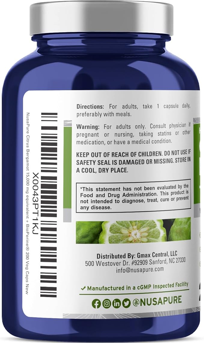 NusaPure Citrus Bergamot Capsules 15000mg 200 Capsules - 25:1 Bergamot Extract - 200 Servings Bioperine Vegan Non-GMO (Pack of 2)