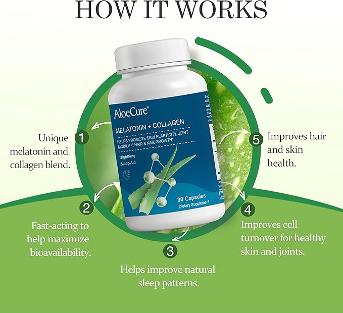 AloeCure Natural Melatonin + Collagen Natural Sleep Aid Supplement for Restful Nights - Collagen Complex for Joint Strength Skin Elasticity Hair &amp Nail Growth 30 Capsules x 6 Bottles
