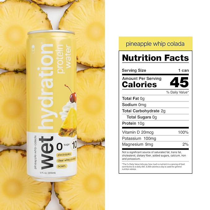 Wet Hydration | Functional Wellness Water Non-Carbonated - Pineapple Whip Colada (12 fl. oz.| Pack of 12) - Zero Calorie Hydration Drink with Electrolytes Clear Whey Protein BCAAs Protein Water N
